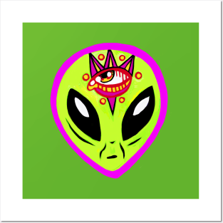 Colorful Three Eyed Alien  Head Illustration Posters and Art